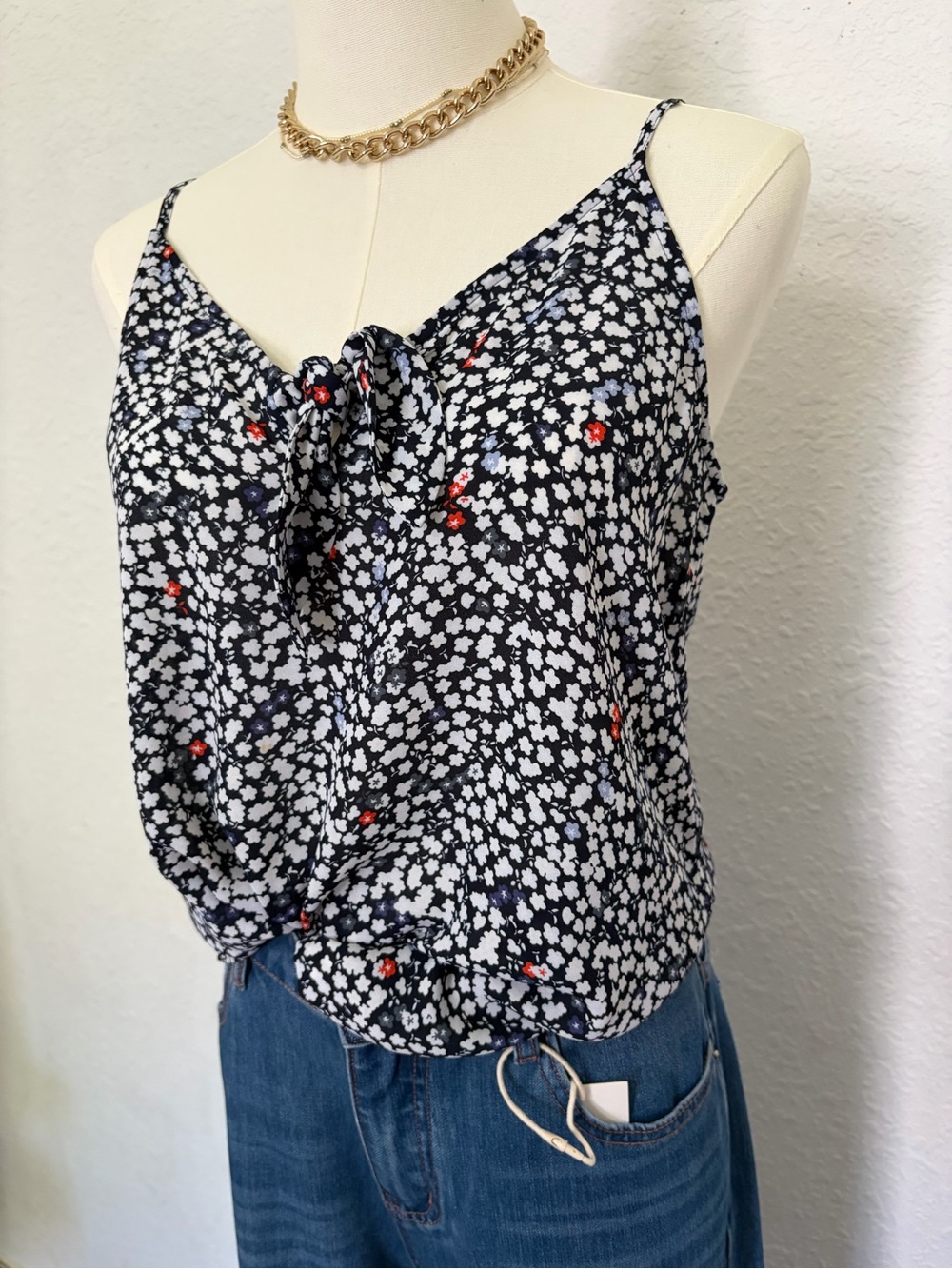 LOFT Black Floral Spaghetti Strap Camisole with Floral Detail